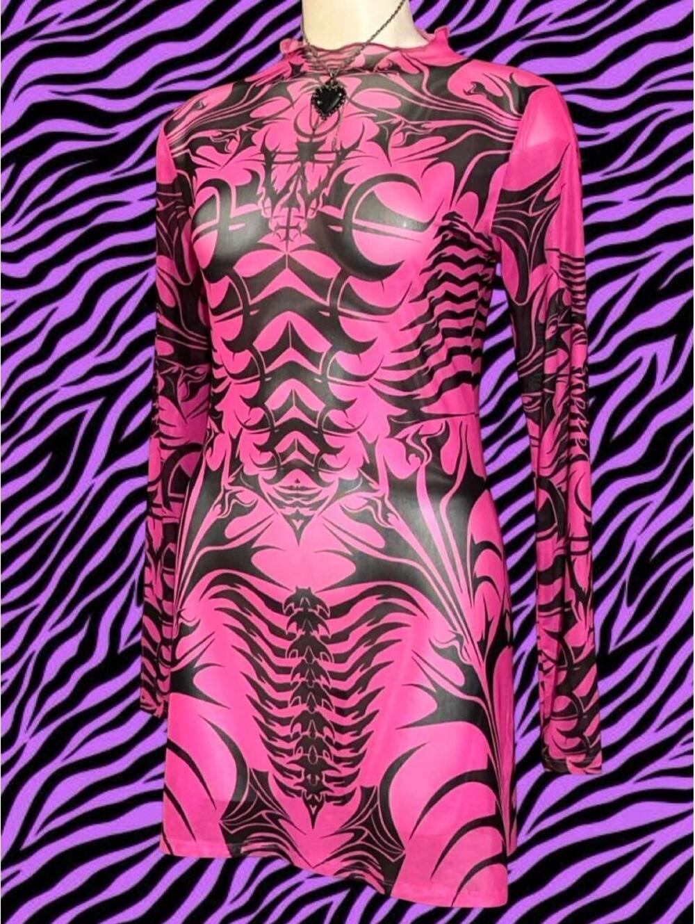 SICKK Widow black/pink mesh tattoo dress with black/pink tribal-sty - Picture 3 of 8